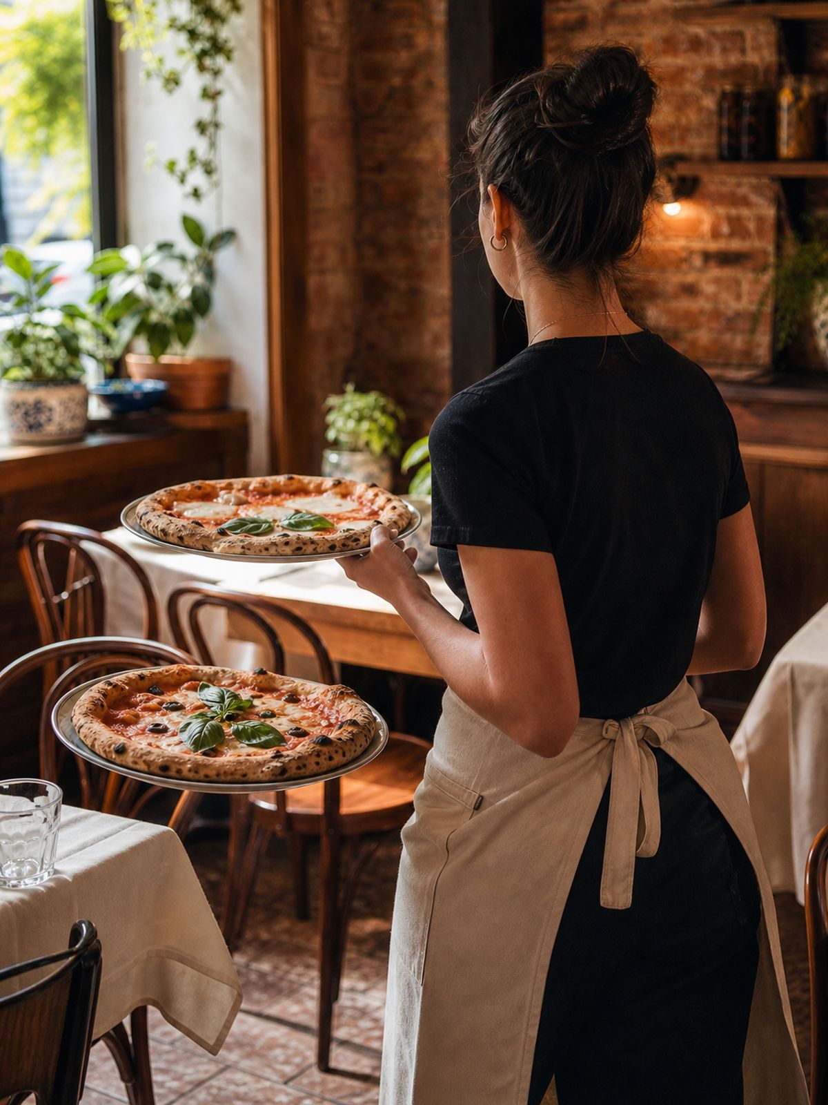 Obsługa Trattoria Sole niosąca pizze na salę