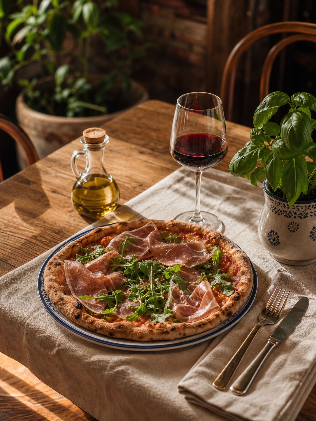 Pizza z szynką parmeńską i rukolą na stoliku